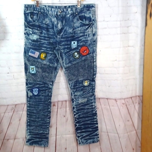 DMN Men's  Patch  Motorcycle Stretch Blue  Jeans 42‎ Wx36x47 - Picture 7 of 9